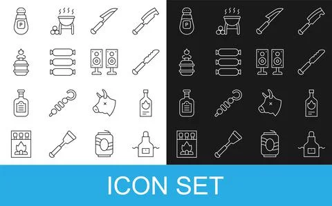 Set line Kitchen apron, Tabasco sauce, Bread knife, Knife, Sausage, Camping gas Stock Illustration