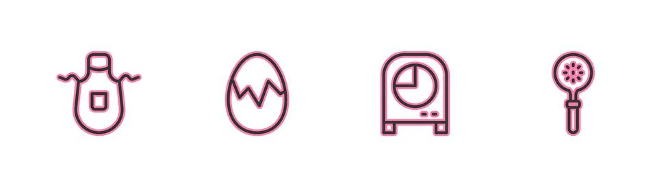 Set line Kitchen apron, timer, Broken egg and Spatula icon. Vector Stock Illustration