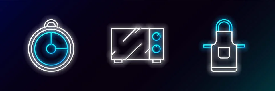Set line Kitchen apron, timer and Microwave oven icon. Glowing neon. Vector イラスト素材