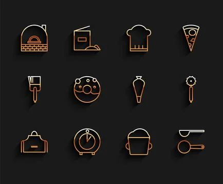 Set line Kitchen apron, timer, Brick stove, Bakery bowl dough, Measuring sp.. Stock Illustration