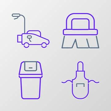 Set line Kitchen apron, Trash can, Brush for cleaning and Lawn mower icon. .. Stock Illustration