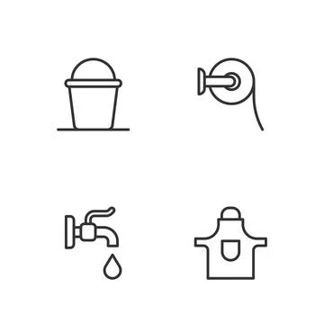 Set line Kitchen apron, Water tap, Bucket and Toilet paper roll icon. Vector Stock-Illustration