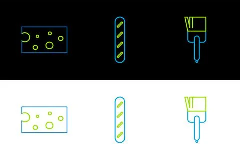 Set line Kitchen brush, Cheese and French baguette bread icon. Vector Illustrazione stock