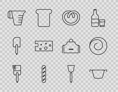 Set line Kitchen brush, Cooking pot, Pretzel, French baguette bread, Measuring Stock Illustration