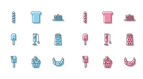 Set line Kitchen brush, Cupcake, French baguette bread, Croissant, Blender,.. Stock Illustration