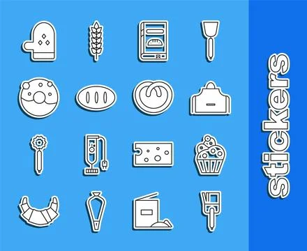 Set line Kitchen brush, Cupcake, apron, Cookbook, Bread loaf, Donut with sw.. Illustrazione stock