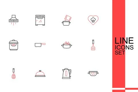 Set line Kitchen colander, Electric kettle, Covered with tray of food, whis.. Stock Illustration