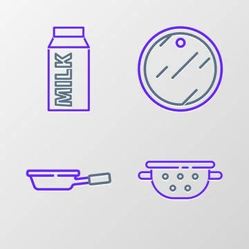 Set line Kitchen colander, Frying pan, Cutting board and Paper package for .. Illustrazione stock