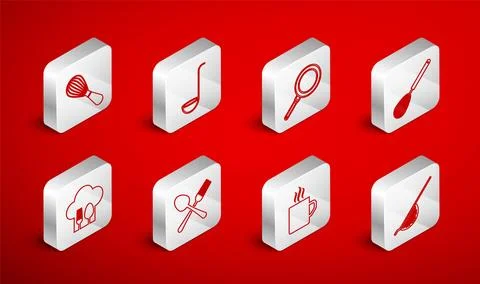 Set line Kitchen colander, ladle, Frying pan, whisk, Coffee cup, Crossed fo.. Illustration