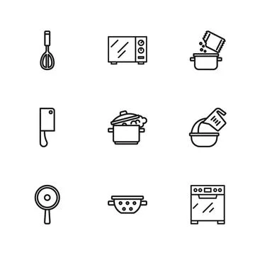 Set line Kitchen colander Measuring cup bowl Oven Cooking pot spice whisk Mic Stock Illustration