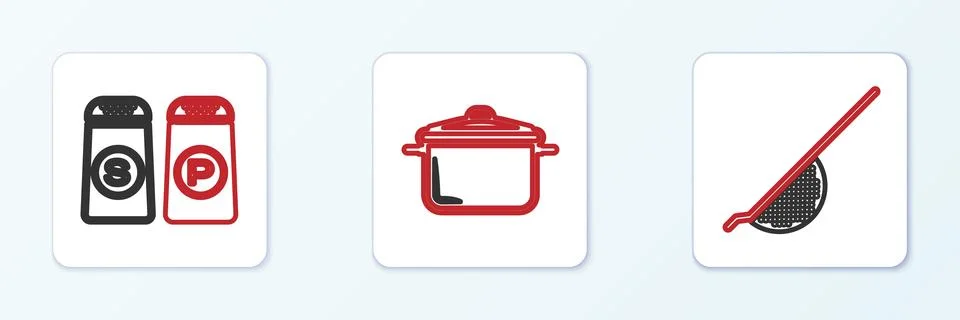 Set line Kitchen colander, Salt pepper and Cooking pot icon. Vector Illustrazione stock