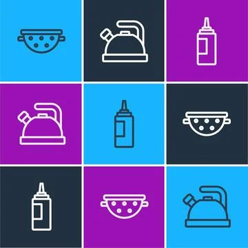Set line Kitchen colander, Sauce bottle and Kettle with handle icon. Vector Illustration