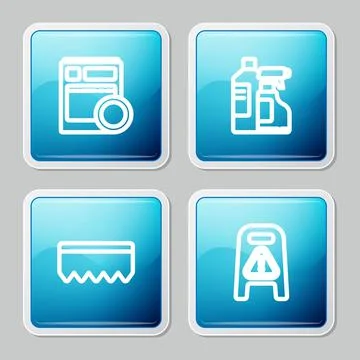 Set line Kitchen dishwasher machine, Bottles for cleaning agent, Sponge with Stock Illustration