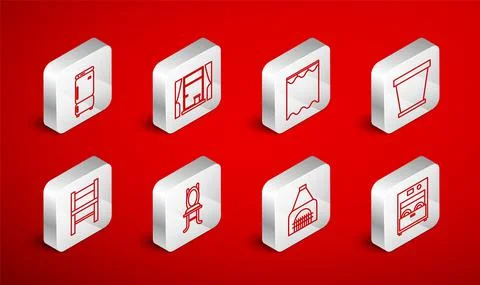 Set line Kitchen dishwasher machine, Window with curtains, Curtains, Flower pot Stock Illustration