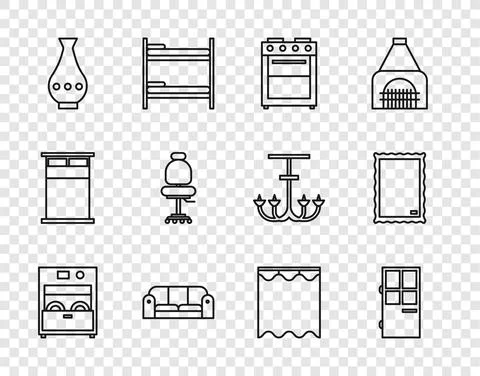 Set line Kitchen dishwasher machine, Closed door, Oven, Sofa, Vase, Office chair Stock Illustration
