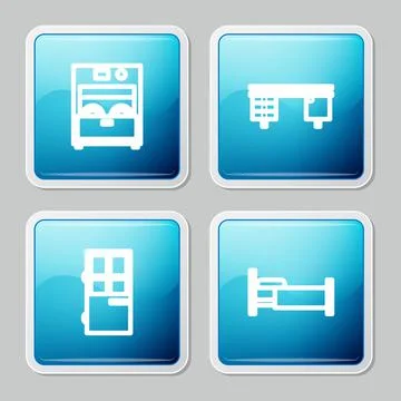 Set line Kitchen dishwasher machine, Office desk, Closed door and Bed icon Stock Illustration