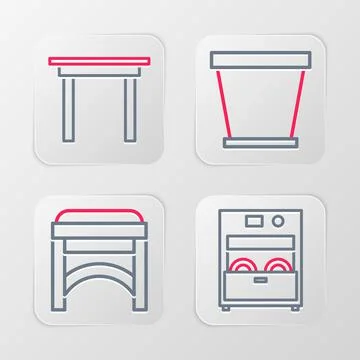 Set line Kitchen dishwasher machine, Chair, Flower pot and Wooden table icon. Stock Illustration