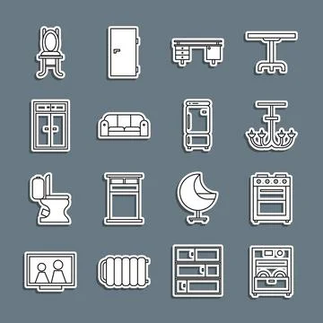 Set line Kitchen dishwasher machine, Oven, Chandelier, Office desk, Sofa Ilustração Stock