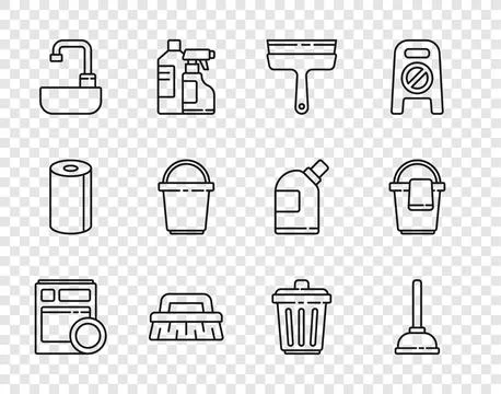 Set line Kitchen dishwasher machine, Rubber plunger, cleaner for windows, B.. Stock Illustration