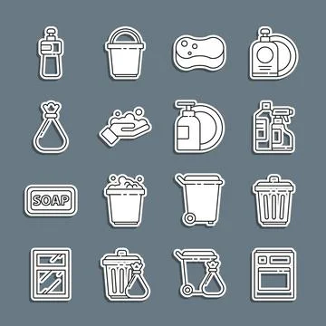 Set line Kitchen dishwasher machine, Trash can, Bottles for cleaning agent,.. Stock Illustration