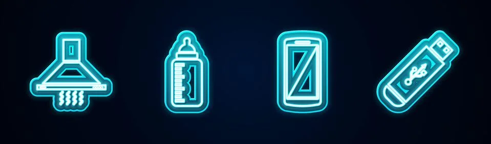 Set line Kitchen extractor fan, Baby bottle, Smartphone, mobile phone and USB Stock Illustration