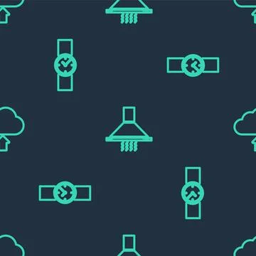 Set line Kitchen extractor fan, Wrist watch and Cloud upload on seamless pattern Stock Illustration