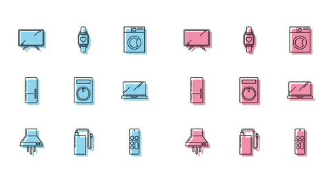 Set line Kitchen extractor fan, Power bank with different charge cable, Smart Tv Stock Illustration