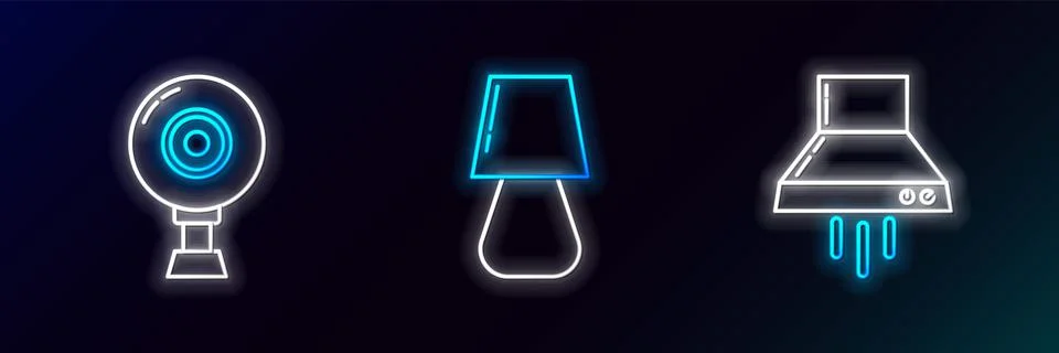 Set line Kitchen extractor fan, Web camera and Table lamp icon. Glowing neon. 스톡 일러스트