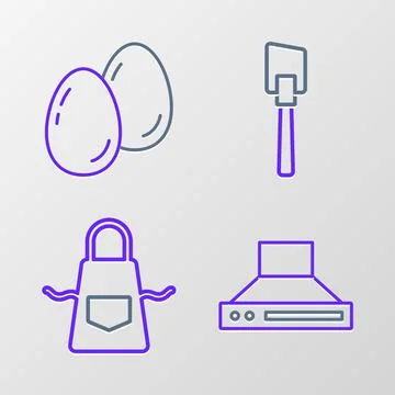 Set line Kitchen extractor fan, apron, Spatula and Easter eggs icon. Vector Stock Illustration