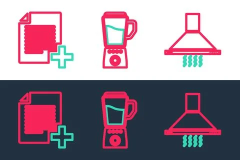 Set line Kitchen extractor fan, Add new file and Blender icon. Vector Stock Illustration