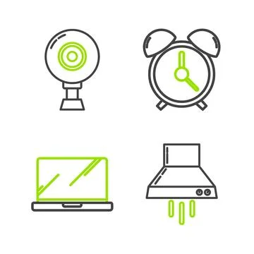 Set line Kitchen extractor fan, Laptop, Alarm clock and Web camera icon. Vector Stock Illustration