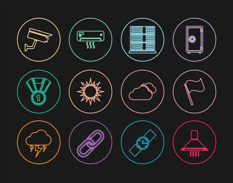 Set line Kitchen extractor fan, Flag, Server, Data, Web Hosting, Sun, Medal.. Stock Illustration