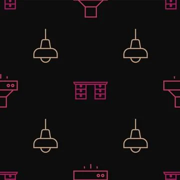Set line Kitchen extractor fan, Lamp hanging and Office desk on seamless pa.. Ilustración de archivo