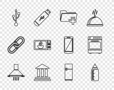 Set line Kitchen extractor fan, Baby bottle, Add new folder, Bank building,.. Ilustración de archivo
