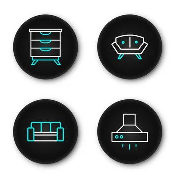 Set line Kitchen extractor fan, Sofa,  and Furniture nightstand icon. Vector Stock Illustration