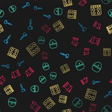 Set line Kitchen hammer, timer, Gas stove and Manual coffee grinder on seam.. Stock Illustration