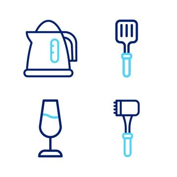 Set line Kitchen hammer, Wine glass, Barbecue spatula and Electric kettle i.. Illustration