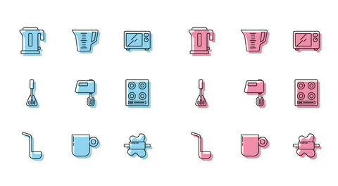 Set line Kitchen ladle, Coffee cup, Electric kettle, Rolling pin on dough, .. Stock Illustration