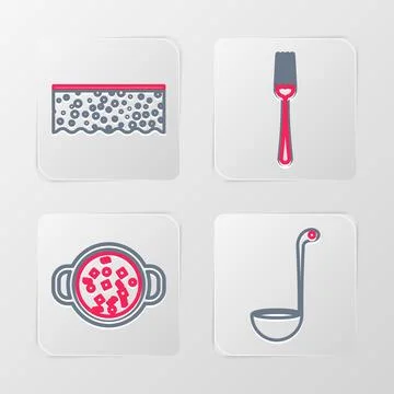 Set line Kitchen ladle, Cooking soup in pot, Fork and Sponge with bubbles i.. Illustration