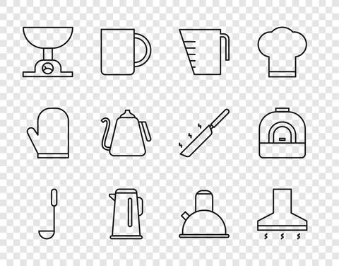 Set line Kitchen ladle, extractor fan, Measuring cup, Kettle with handle Illustration