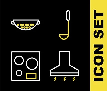 Set line Kitchen ladle, extractor fan, Electric stove and colander icon. Vect Stock-Illustration