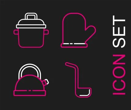 Set line Kitchen ladle, Kettle with handle, Oven glove and Cooking pot icon.. Illustration