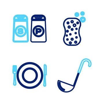 Set line Kitchen ladle, Plate, fork and knife, Sponge with bubbles and Salt.. Ilustração Stock