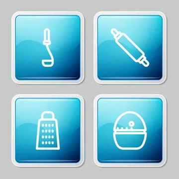 Set line Kitchen ladle, Rolling pin, Grater and timer icon. Vector Stock Illustration