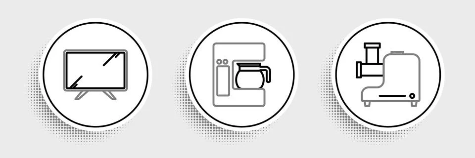 Set line Kitchen meat grinder, Smart Tv and Coffee machine with glass pot icon Stock Illustration
