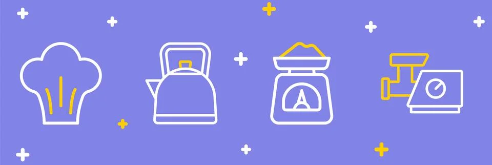 Set line Kitchen meat grinder, Scales, Kettle with handle and Chef hat icon.. Illustration