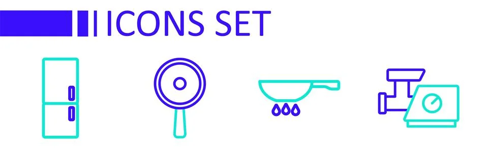 Set line Kitchen meat grinder, Frying pan on fire, and Refrigerator icon. V.. Stock Illustration