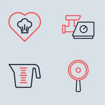 Set line Kitchen meat grinder, Measuring cup, Frying pan and Chef hat icon... Stock Illustration