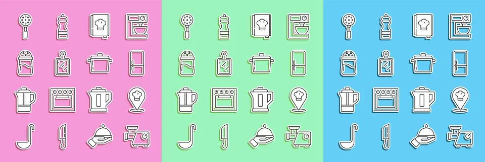 Set line Kitchen meat grinder, Chef hat with location, Refrigerator, Cookbo.. Stock Illustration