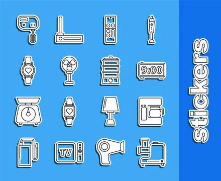 Set line Kitchen meat grinder, Coffee machine with glass pot, Digital alarm.. Stock Illustration